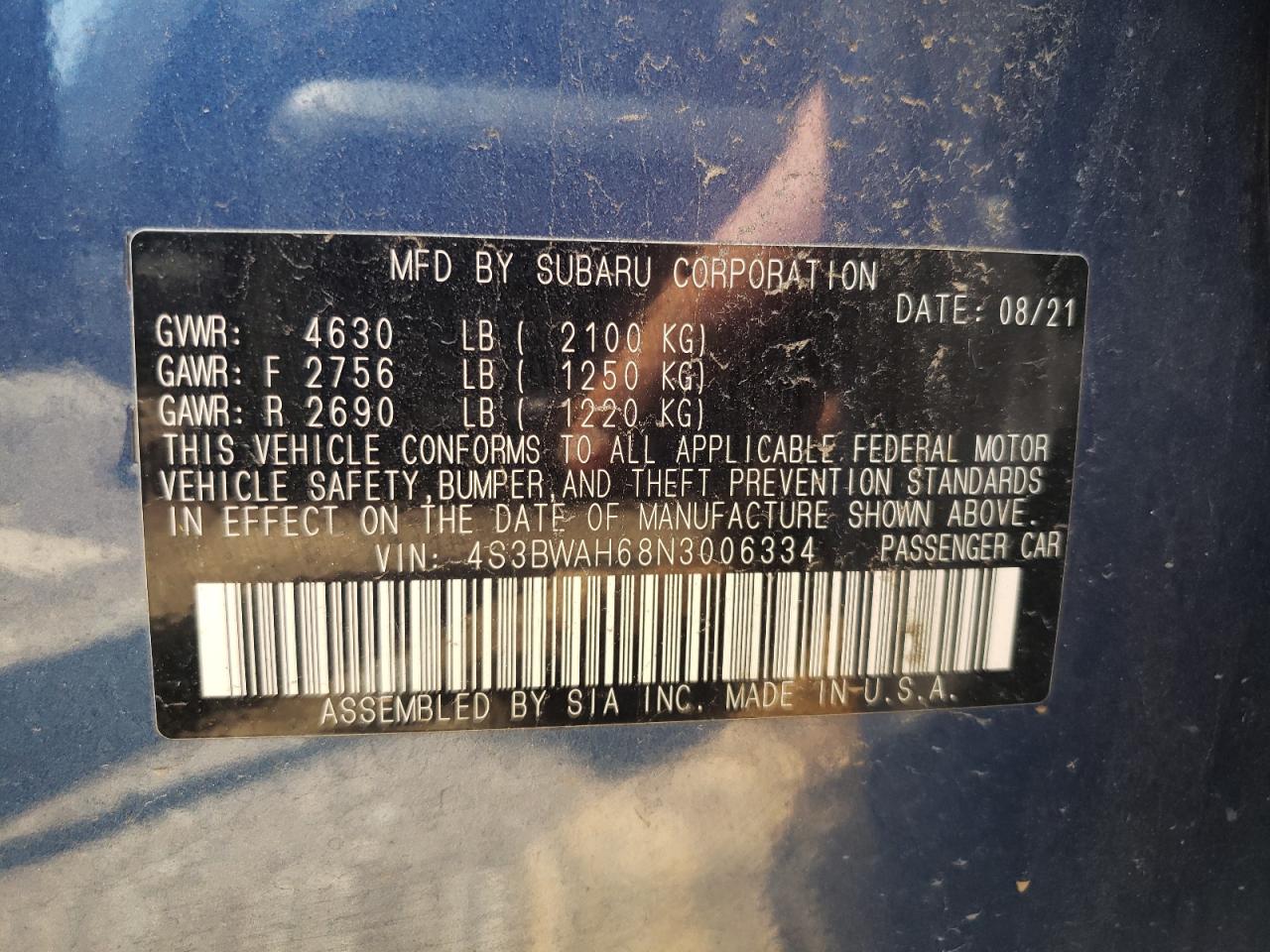 4S3BWAH68N3006334 2022 Subaru Legacy Sport