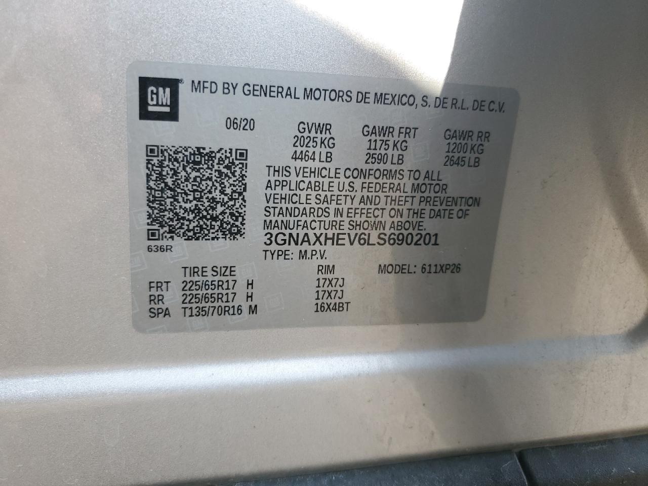 3GNAXHEV6LS690201 2020 Chevrolet Equinox Ls