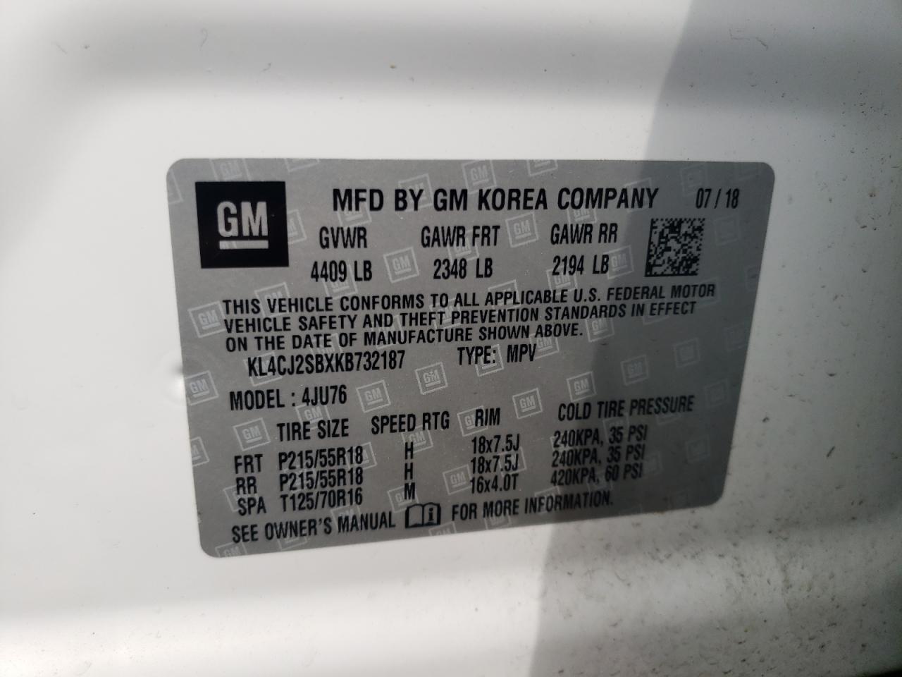 KL4CJ2SBXKB732187 2019 Buick Encore Sport Touring