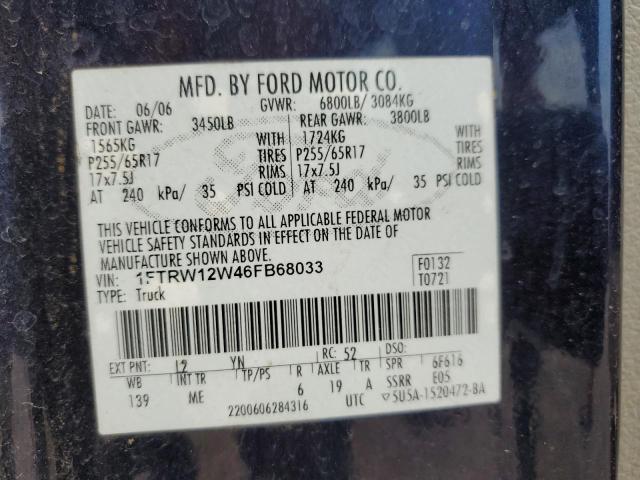 2006 Ford F150 Supercrew VIN: 1FTRW12W46FB68033 Lot: 58941114