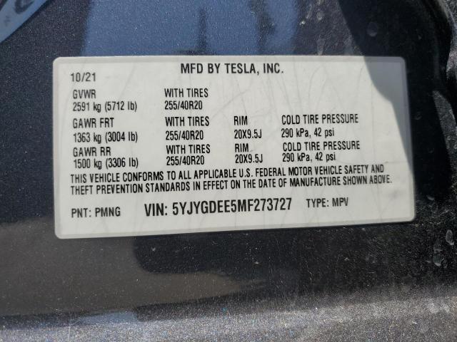 2021 Tesla Model Y VIN: 5YJYGDEE5MF273727 Lot: 57320144