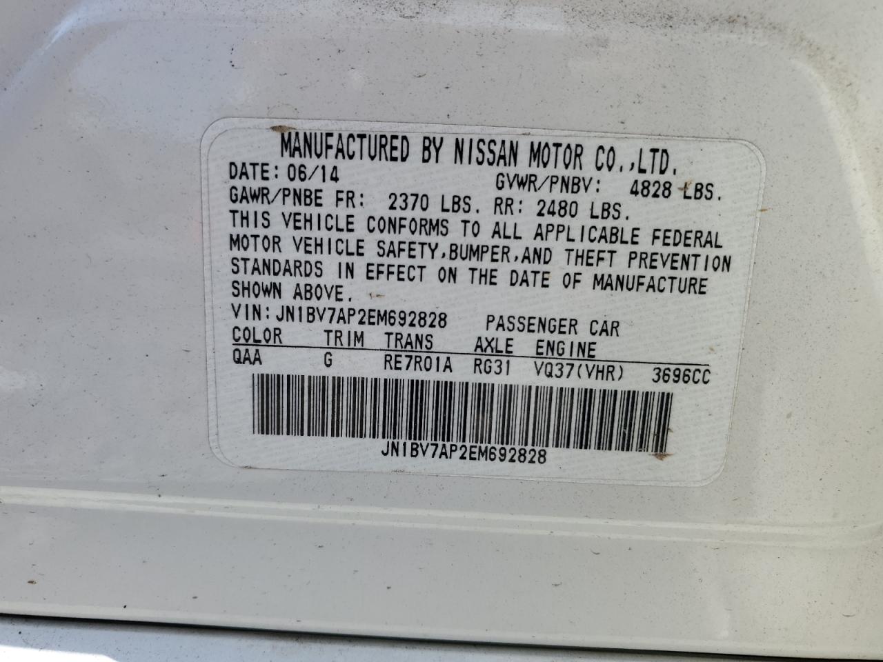 JN1BV7AP2EM692828 2014 Infiniti Q50 Base