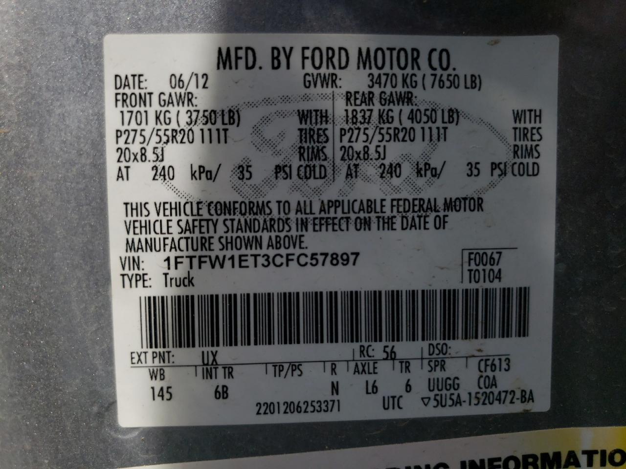 1FTFW1ET3CFC57897 2012 Ford F150 Supercrew