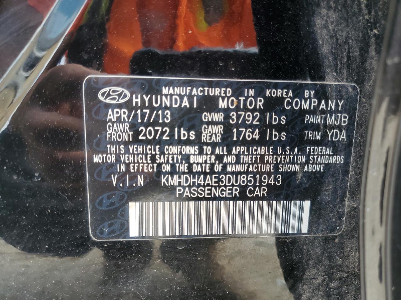 KMHDH4AE3DU851943 2013 Hyundai Elantra Gls