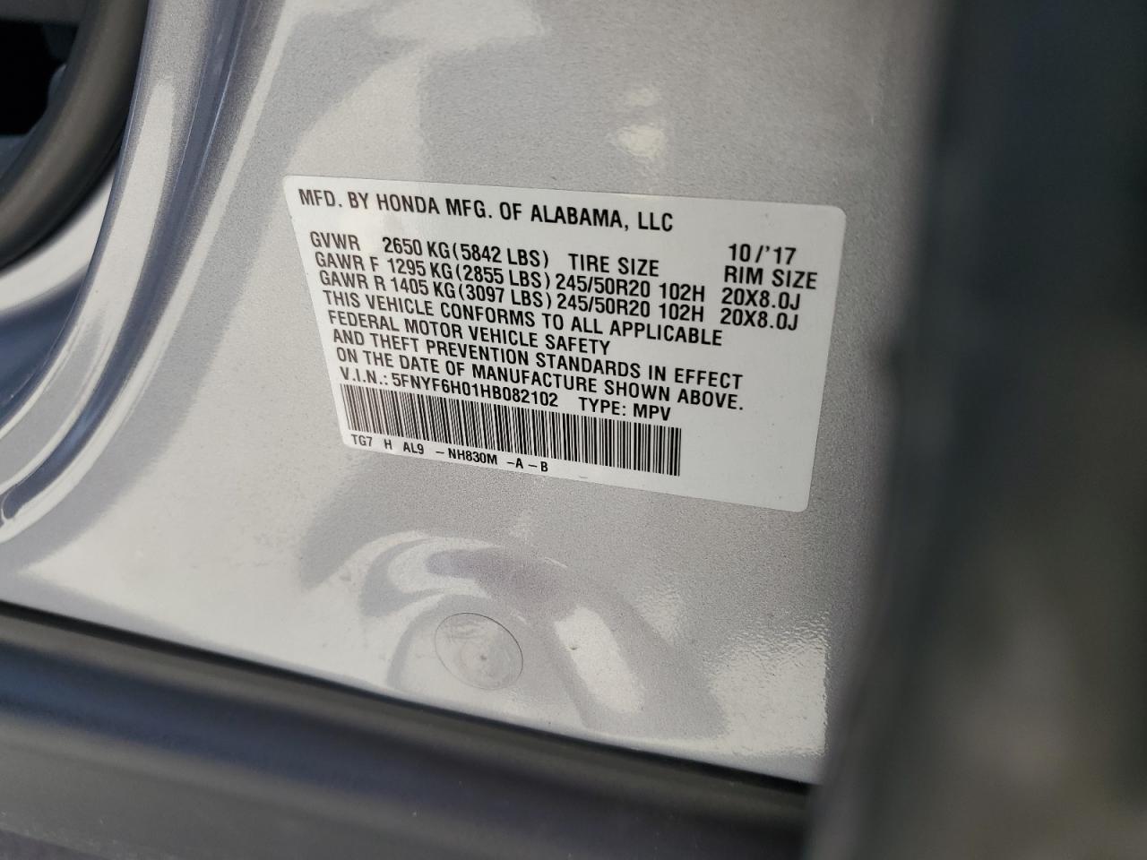 5FNYF6H01HB082102 2017 Honda Pilot Elite