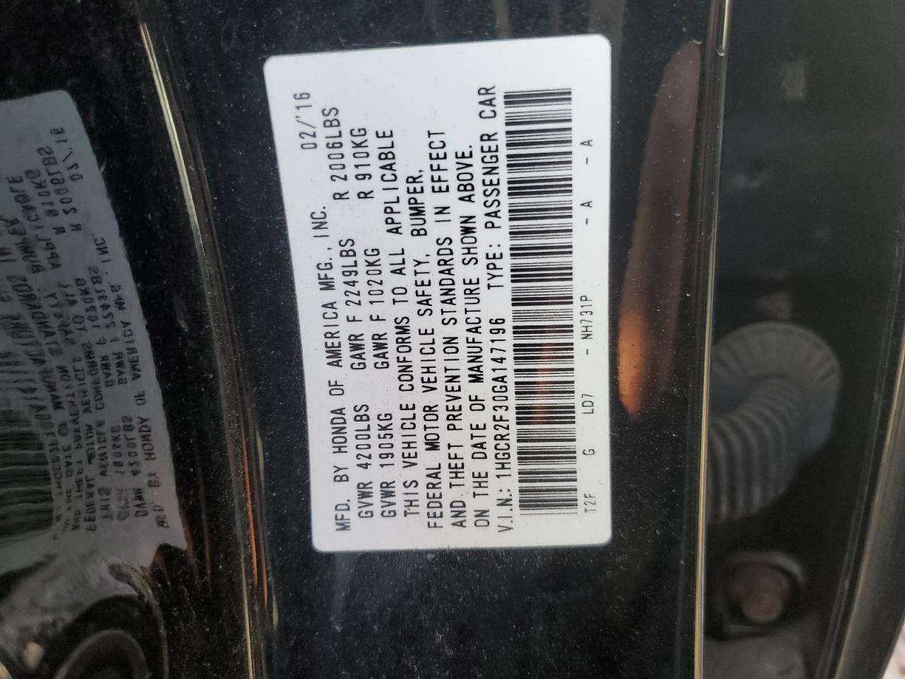 1HGCR2F30GA147196 2016 Honda Accord Lx