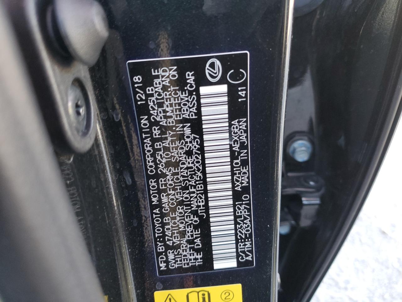 JTHB21B15K2027957 2019 Lexus Es 300H