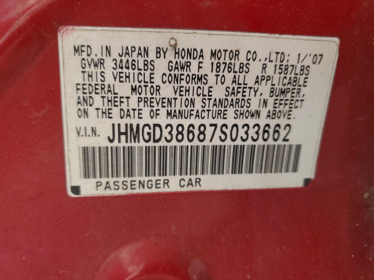 JHMGD38687S033662 2007 Honda Fit S