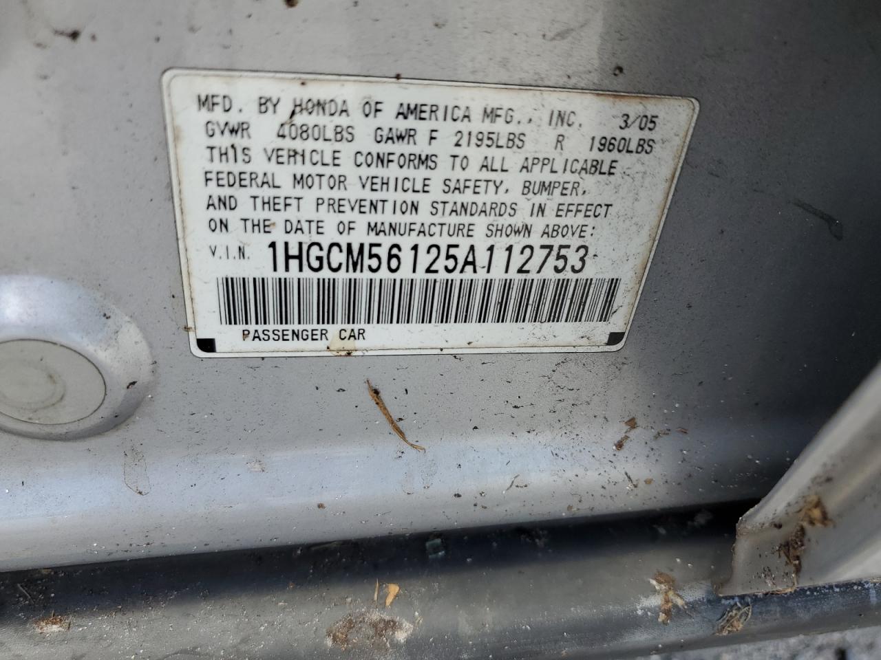 1HGCM56125A112753 2005 Honda Accord Dx