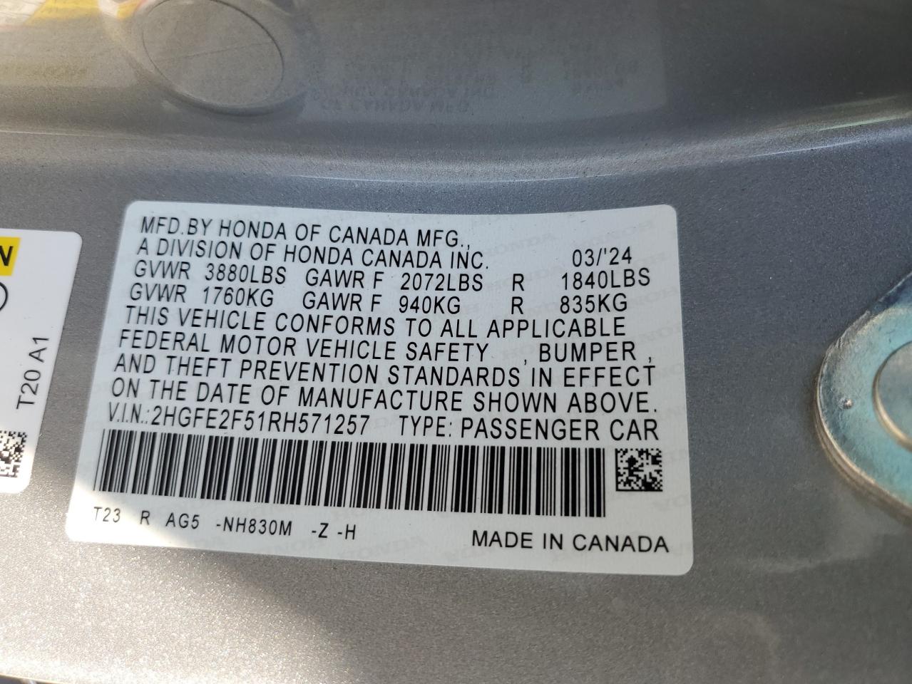 2HGFE2F51RH571257 2024 Honda Civic Sport 2HGFE2F51RH571257 2024 Honda Civic Sport