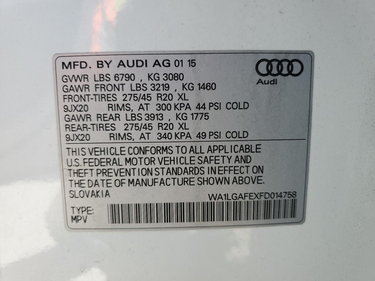 WA1LGAFEXFD014758 2015 Audi Q7 Premium Plus