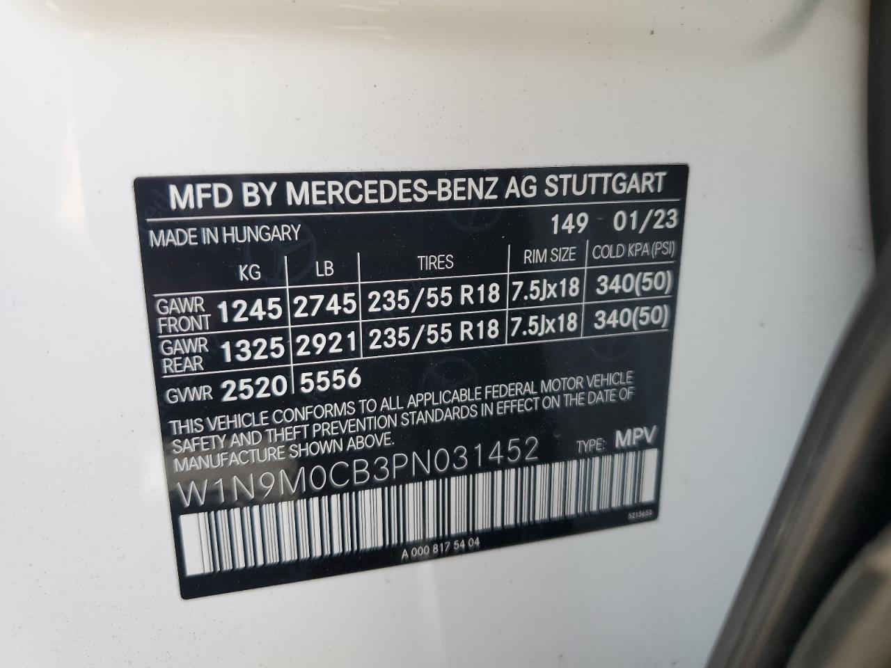 W1N9M0CB3PN031452 2023 Mercedes-Benz Eqb 250+