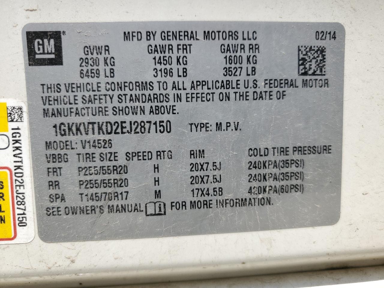 1GKKVTKD2EJ287150 2014 GMC Acadia Denali