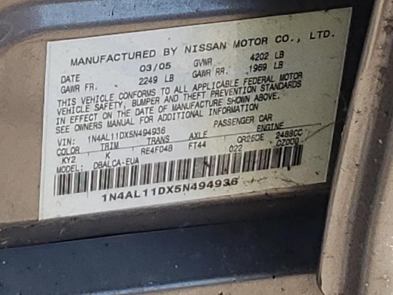 1N4AL11DX5N494936 2005 Nissan Altima S