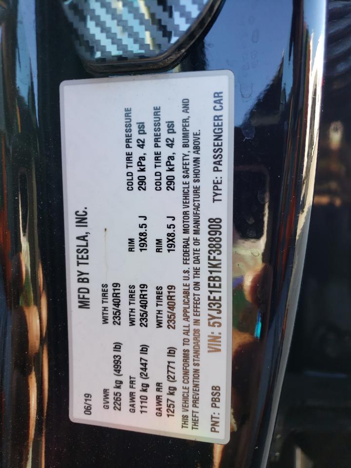 5YJ3E1EB1KF388908 2019 Tesla Model 3