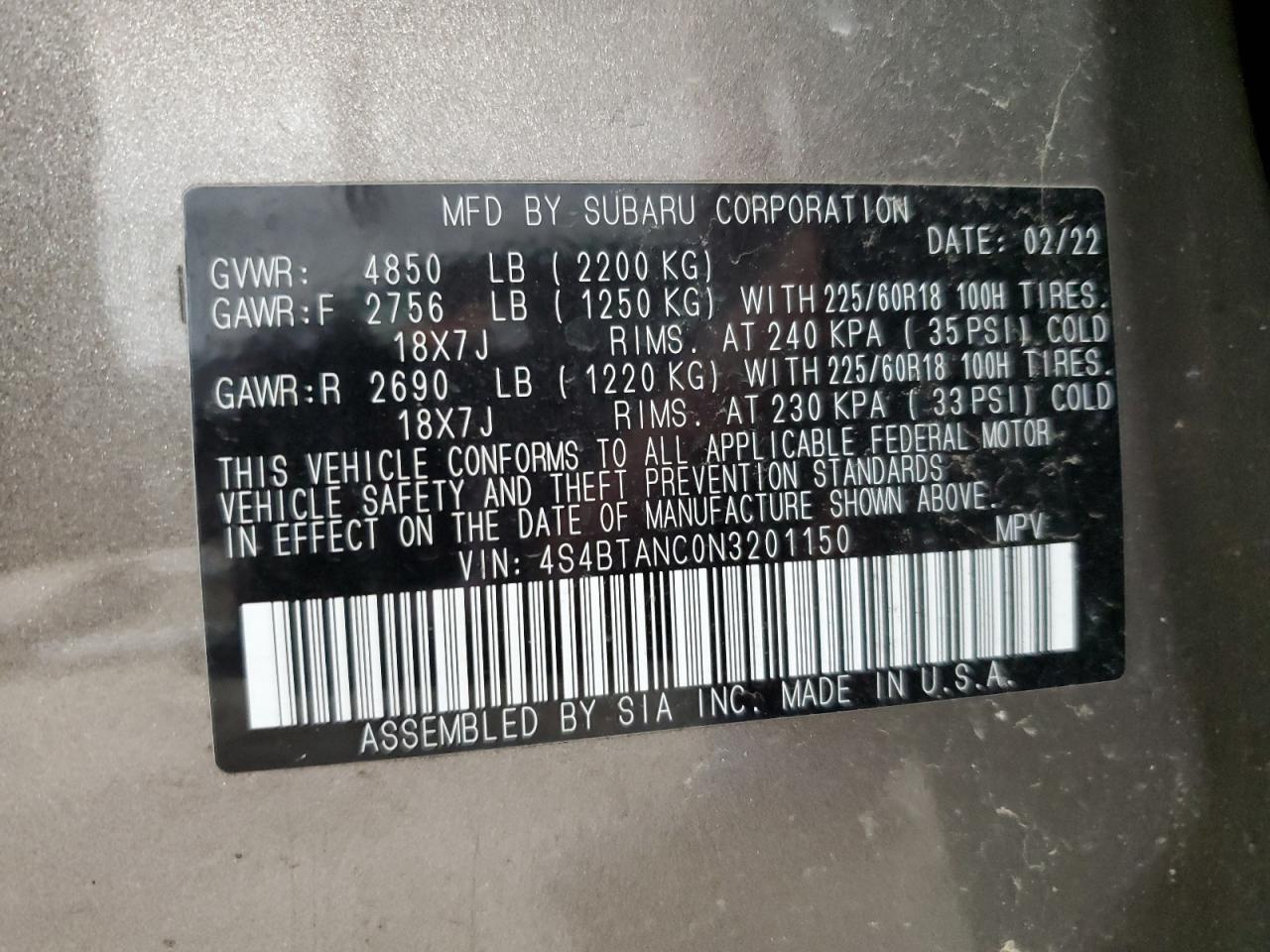 4S4BTANC0N3201150 2022 Subaru Outback Limited