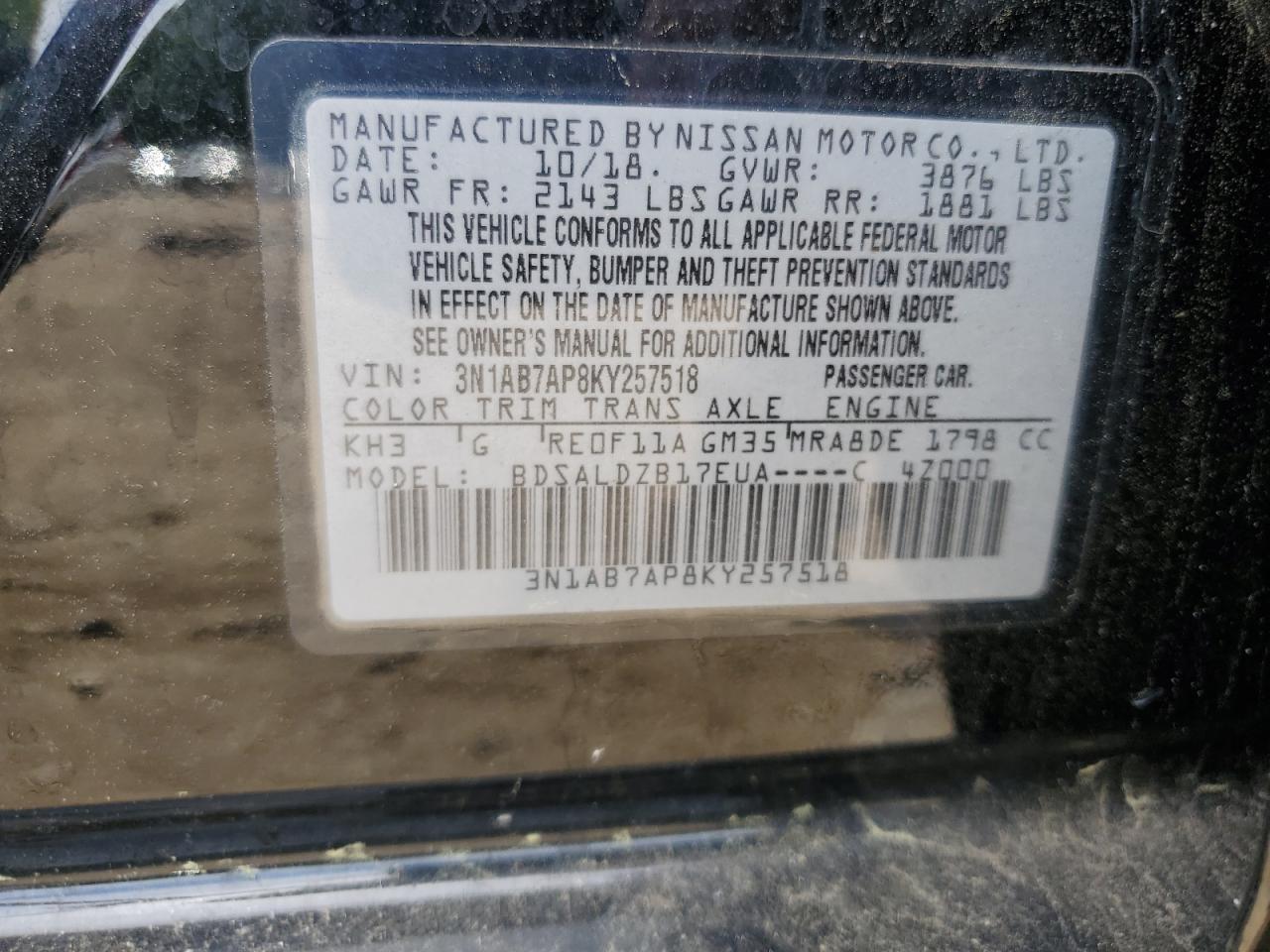 3N1AB7AP8KY257518 NISSAN SENTRA 2019