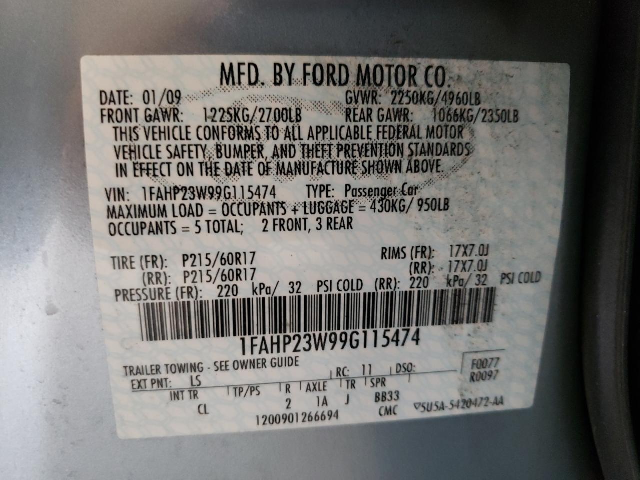 1FAHP23W99G115474 2009 Ford Taurus Se