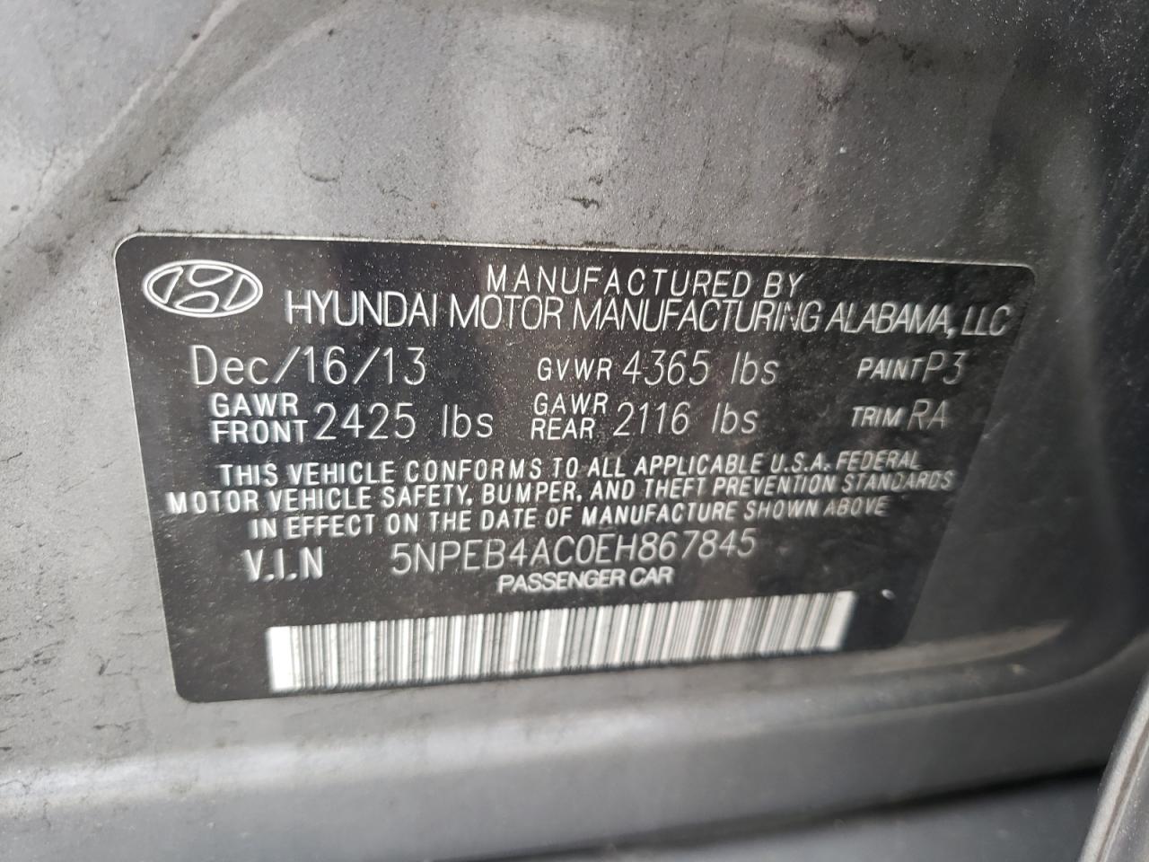 5NPEB4AC0EH867845 2014 Hyundai Sonata Gls