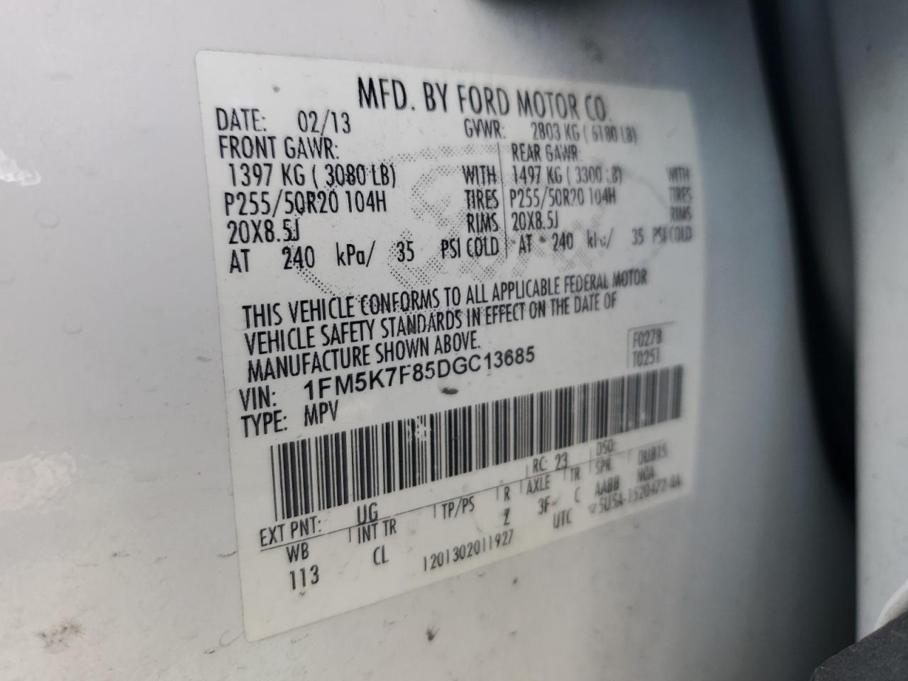 1FM5K7F85DGC13685 2013 Ford Explorer Limited