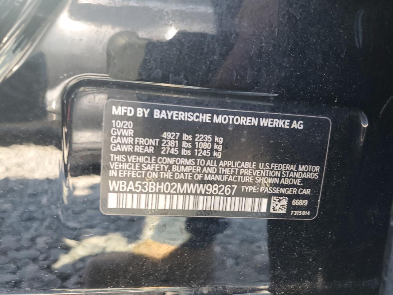 WBA53BH02MWW98267 2021 BMW 530 I