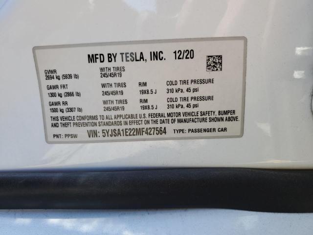 2021 Tesla Model S VIN: 5YJSA1E22MF427564 Lot: 57260214