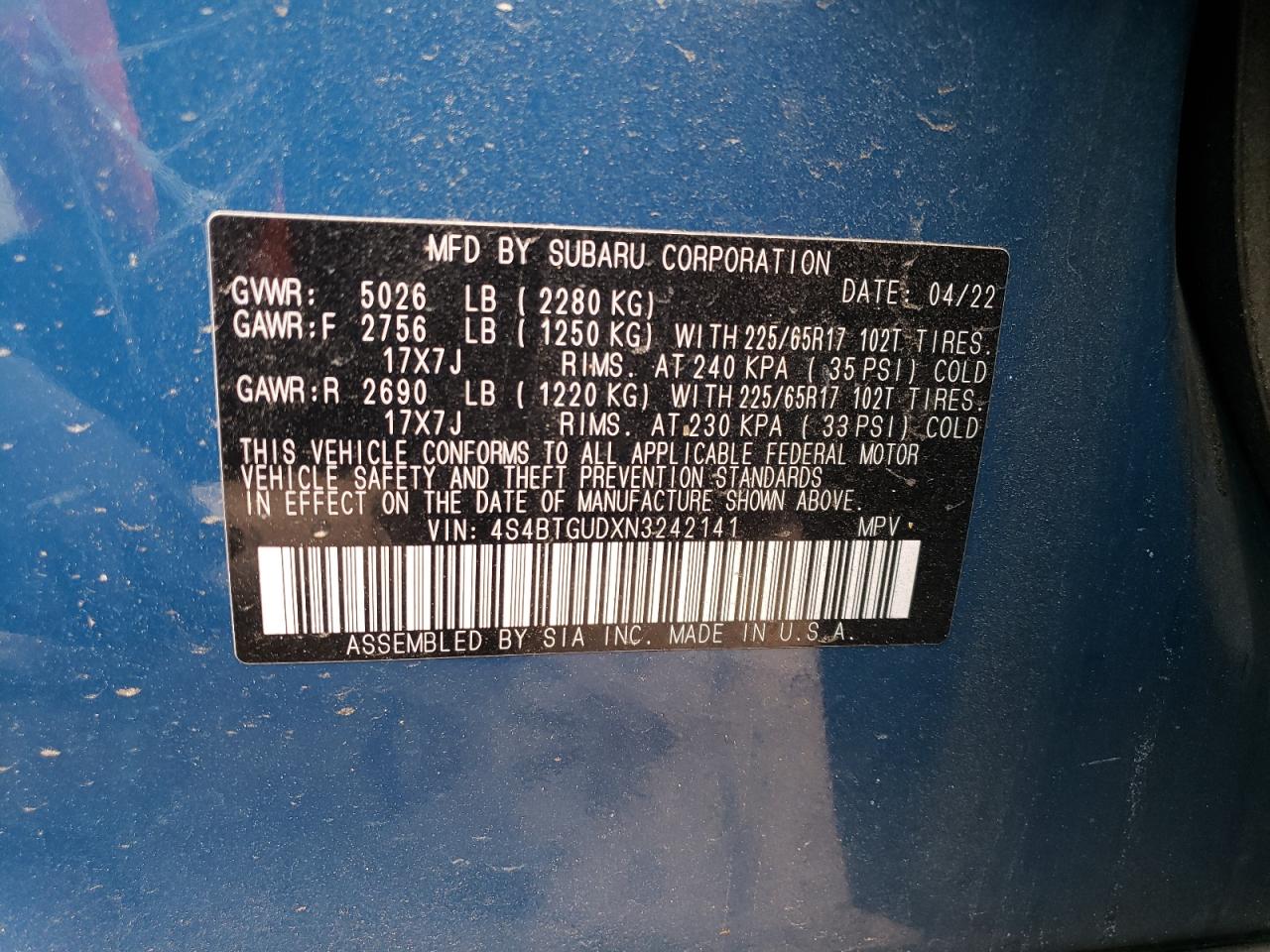 4S4BTGUDXN3242141 2022 Subaru Outback Wilderness