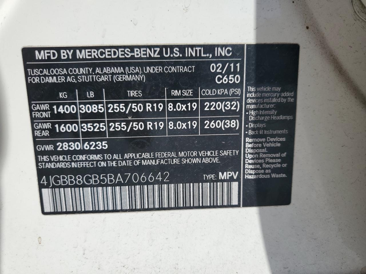 4JGBB8GB5BA706642 2011 Mercedes-Benz Ml 350 4Matic