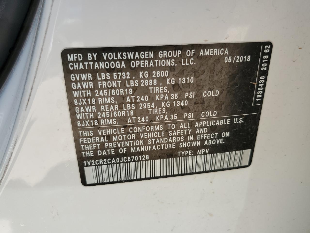 1V2CR2CA0JC570128 2018 Volkswagen Atlas Se