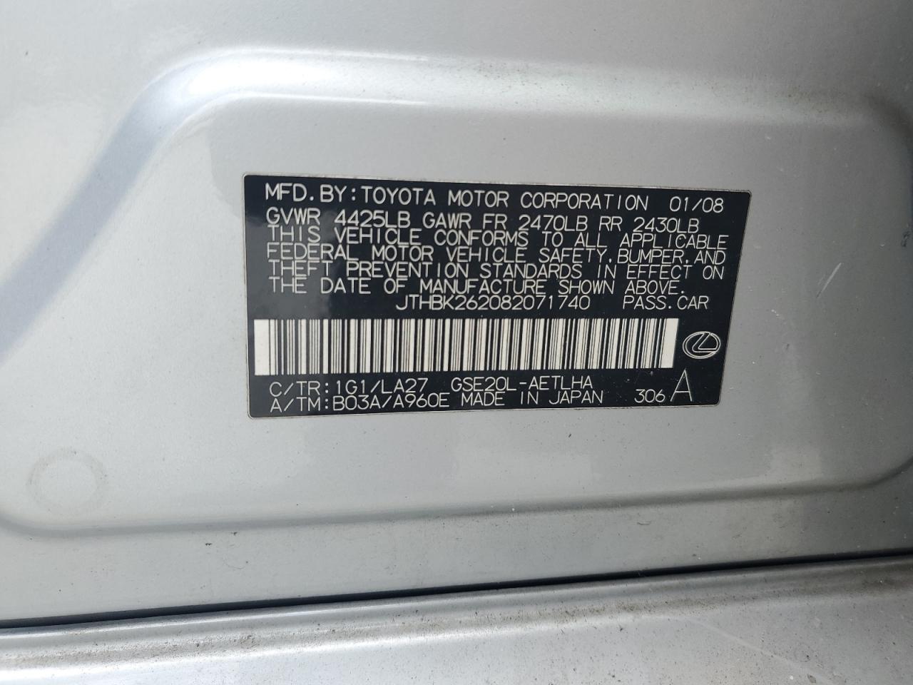 JTHBK262082071740 2008 Lexus Is 250