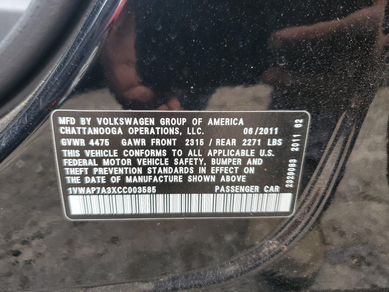 1VWAP7A3XCC003585 2012 Volkswagen Passat S