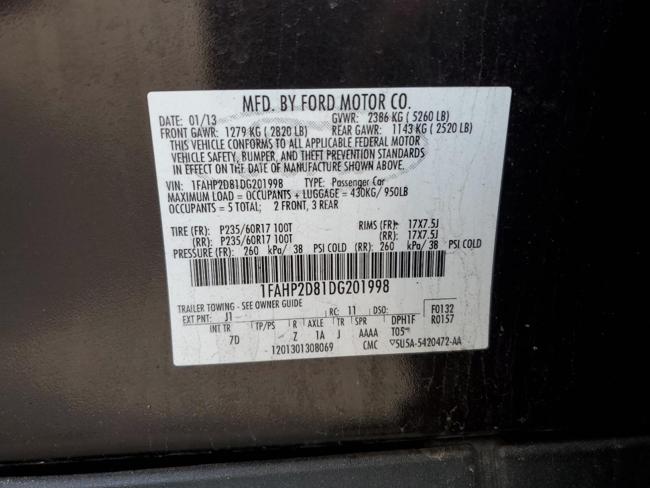 1FAHP2D81DG201998 2013 Ford Taurus Se