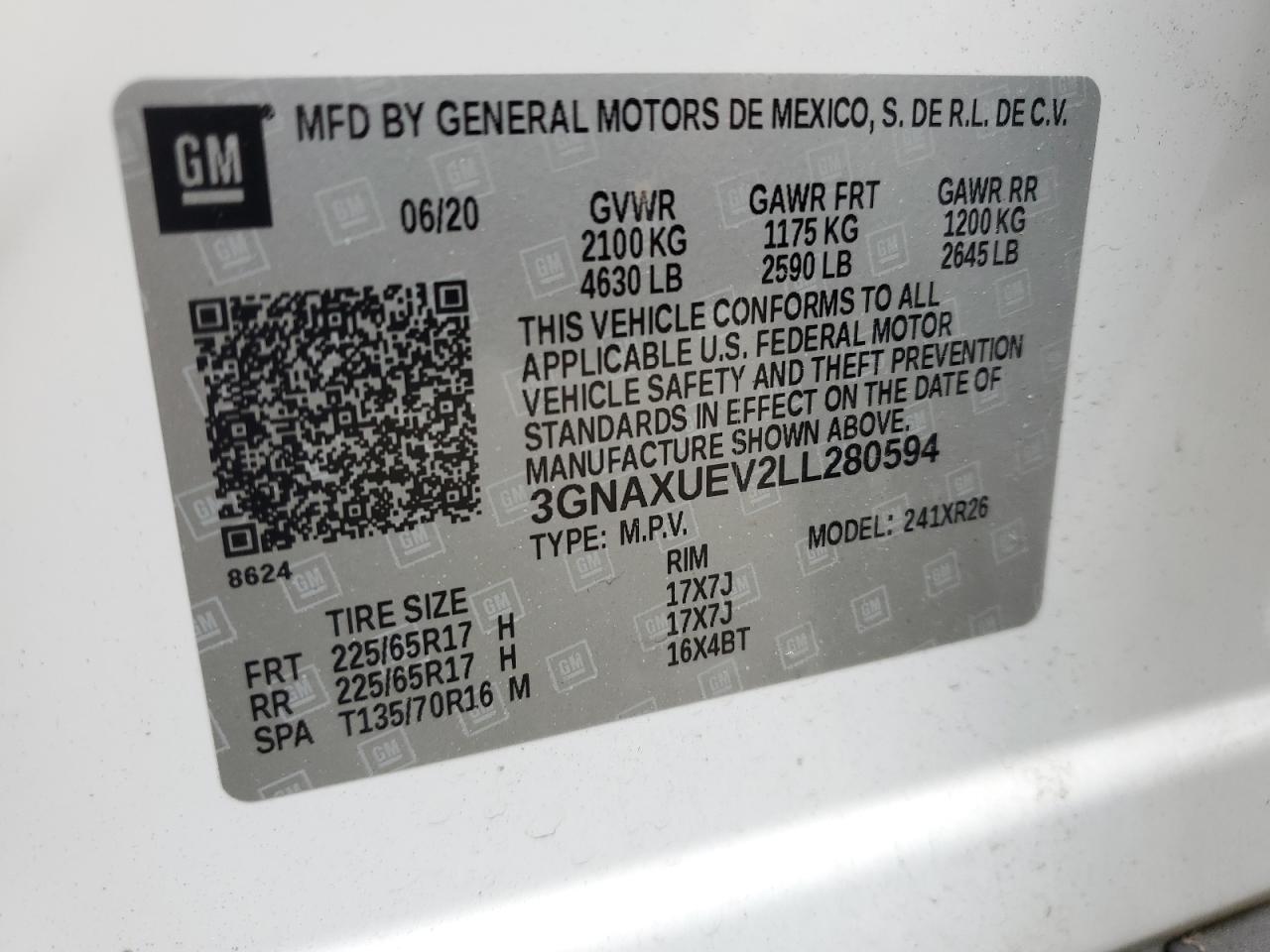 3GNAXUEV2LL280594 2020 Chevrolet Equinox Lt