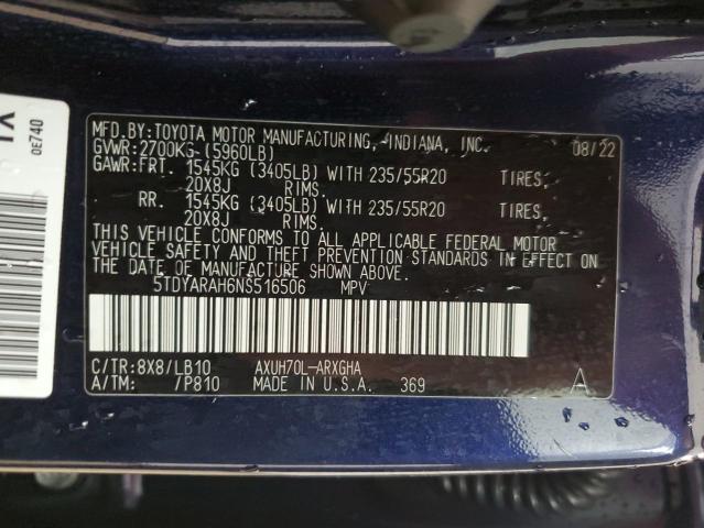 2022 Toyota Highlander Hybrid Limited VIN: 5TDYARAH6NS516506 Lot: 58406434