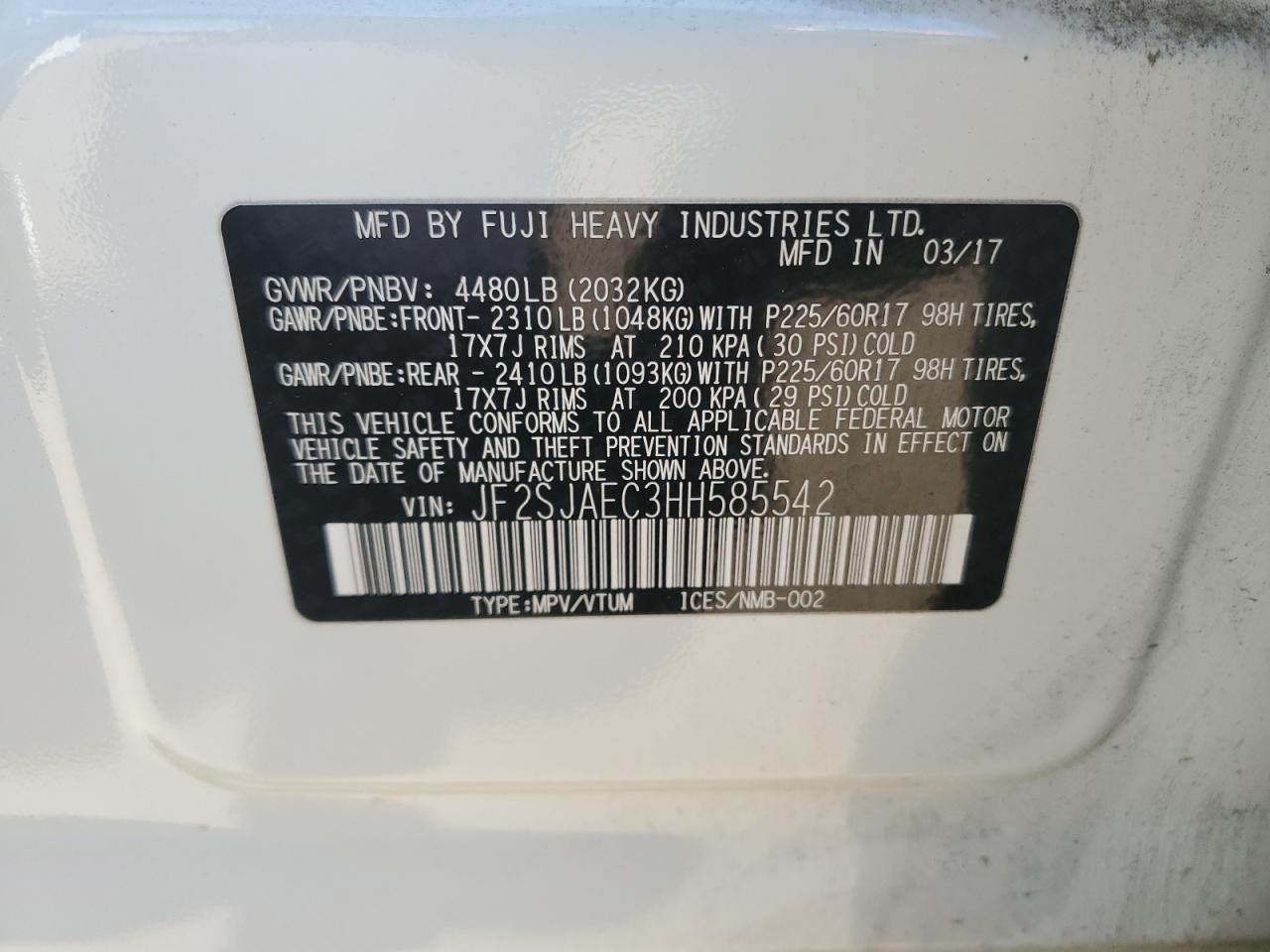 JF2SJAEC3HH585542 2017 Subaru Forester 2.5I Premium