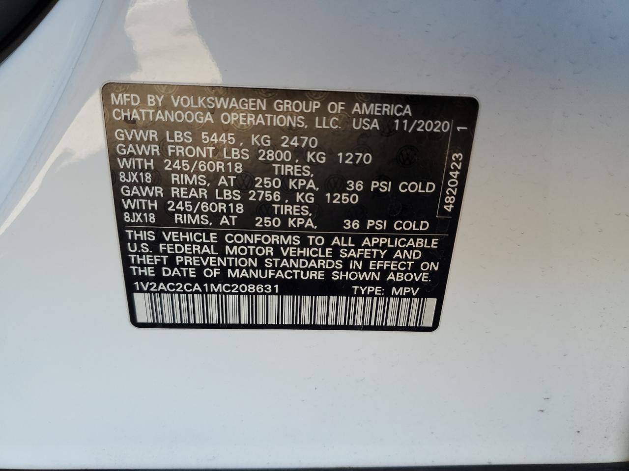 1V2AC2CA1MC208631 2021 Volkswagen Atlas Cross Sport S