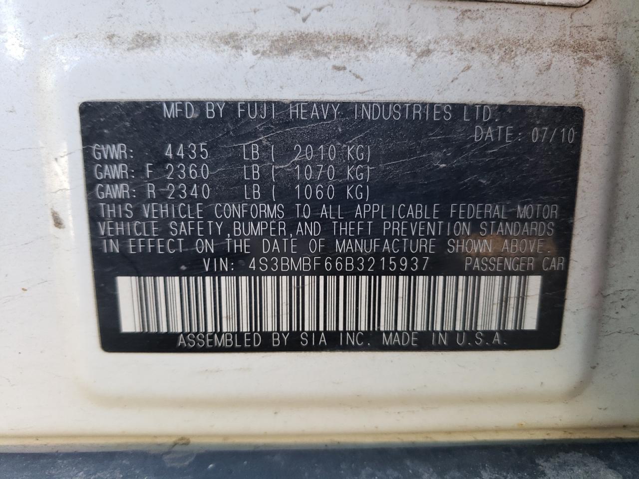 4S3BMBF66B3215937 2011 Subaru Legacy 2.5I Premium