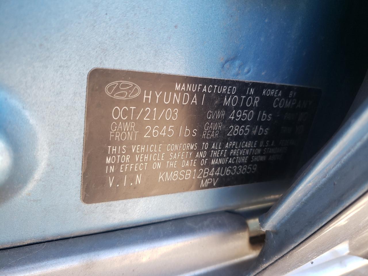 KM8SB12B44U633859 2004 Hyundai Santa Fe Gl