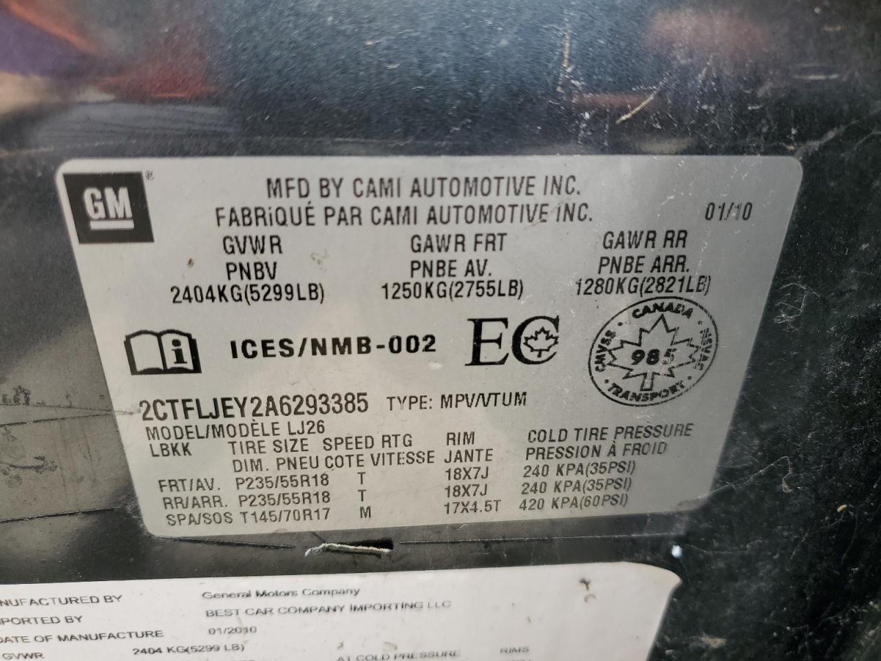 2CTFLJEY2A6293385 2010 GMC Terrain Slt