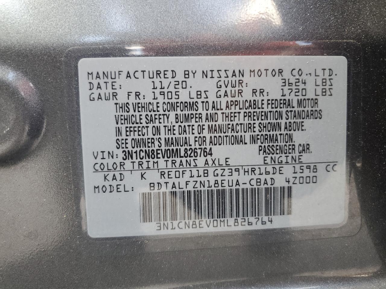 3N1CN8EV0ML826764 2021 Nissan Versa Sv