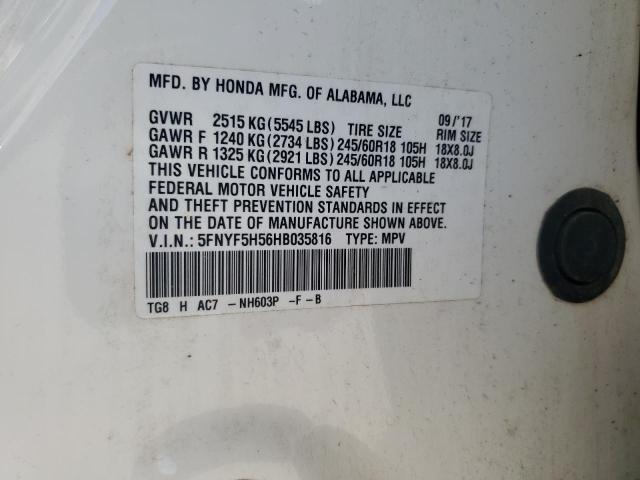 2017 Honda Pilot Exl VIN: 5FNYF5H56HB035816 Lot: 59552484