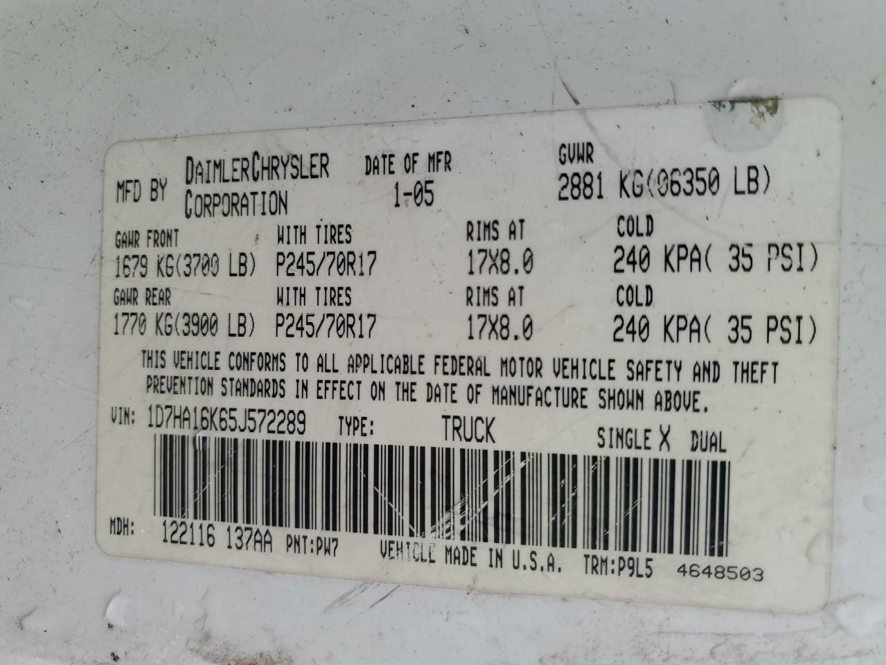 1D7HA16K65J572289 2005 Dodge Ram 1500 St