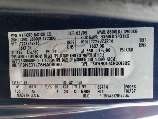 2006 Ford Econoline E350 Super Duty Wagon VIN: 1FBNE31L76HA08080 Lot: 59864574