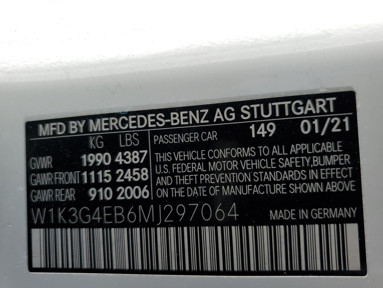 W1K3G4EB6MJ297064 2021 Mercedes-Benz A 220