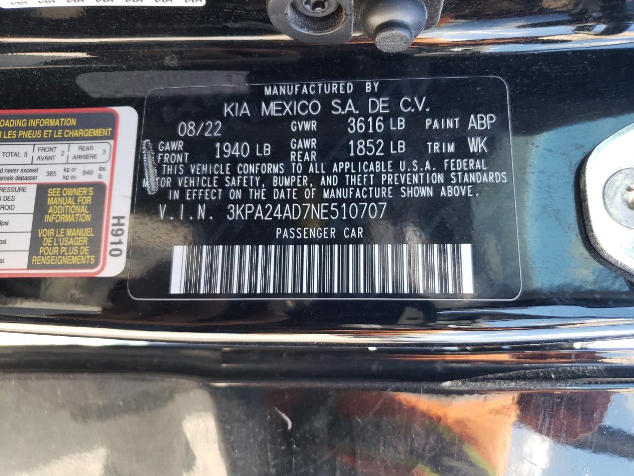 3KPA24AD7NE510707 2022 Kia Rio Lx