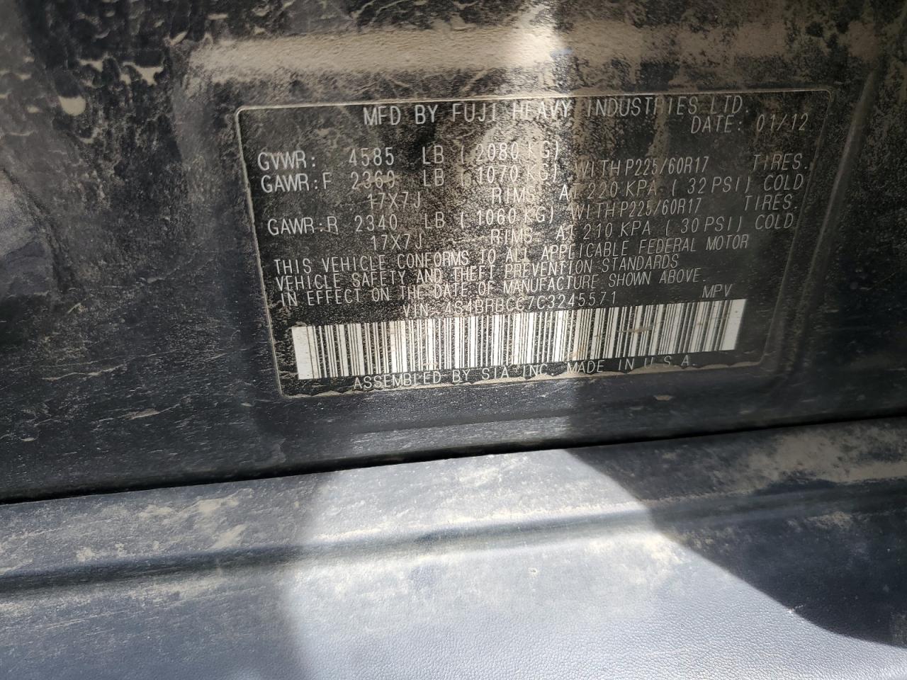 4S4BRBCC7C3245571 2012 Subaru Outback 2.5I Premium