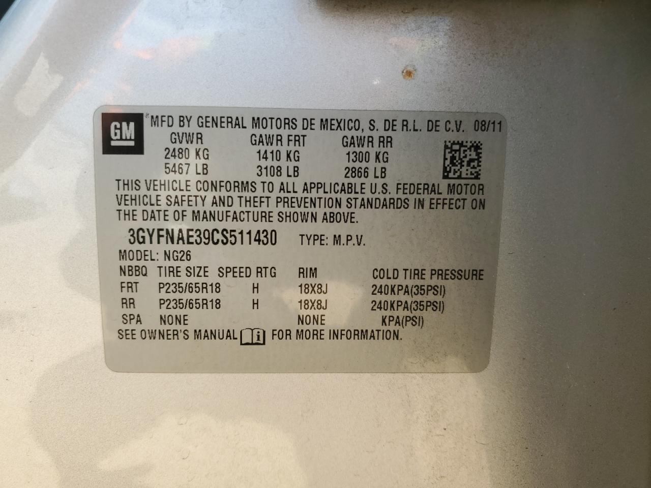 3GYFNAE39CS511430 2012 Cadillac Srx Luxury Collection