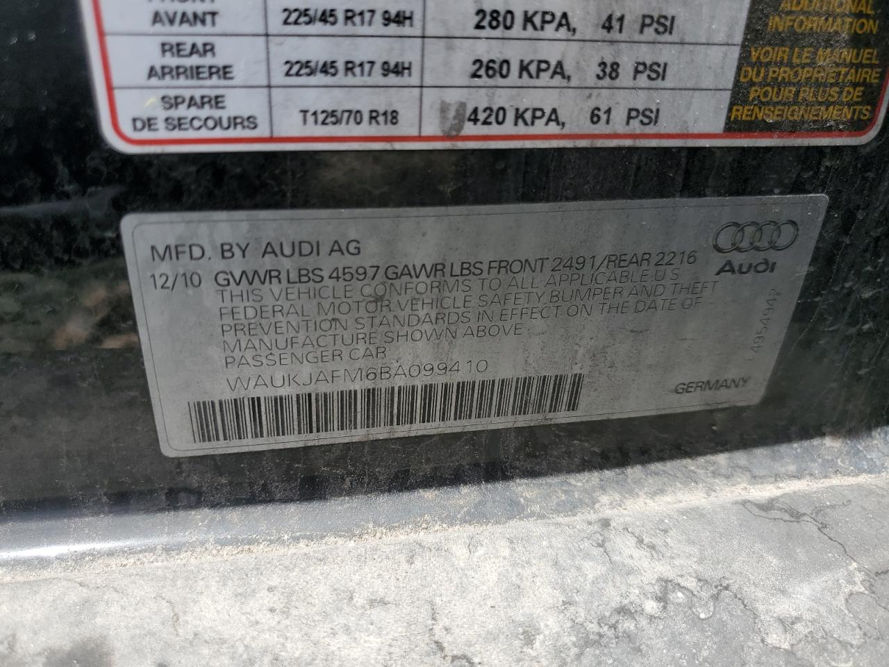 WAUKJAFM6BA099410 2011 Audi A3 Premium Plus