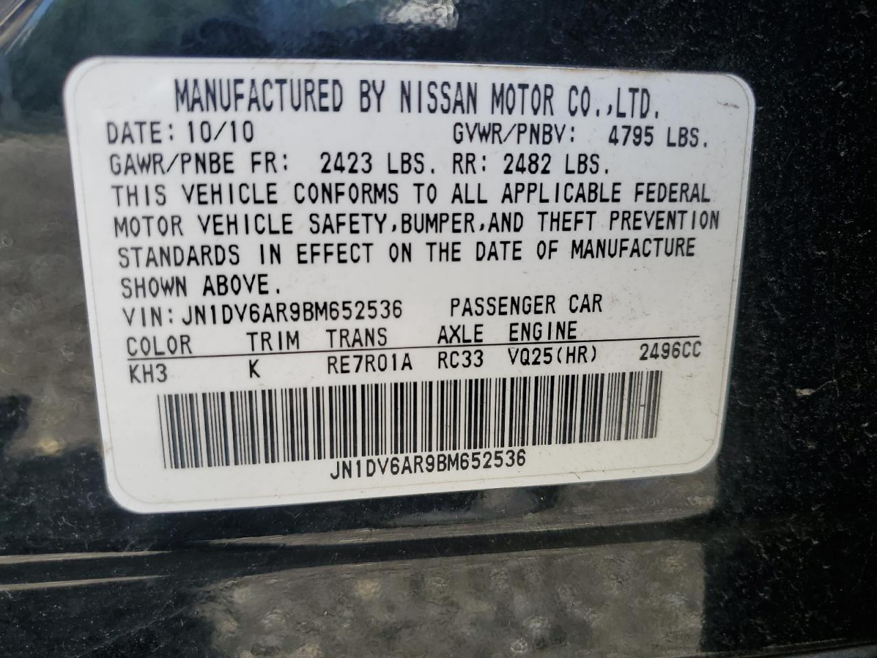 JN1DV6AR9BM652536 2011 Infiniti G25