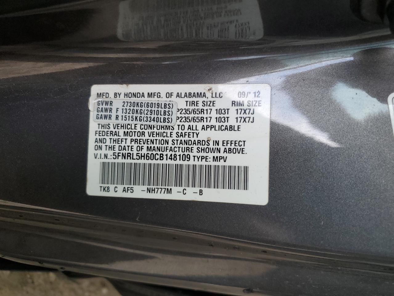 5FNRL5H60CB148109 2012 Honda Odyssey Exl